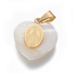 Golden Shell Pendants, with 304 Stainless Steel Findings, Religion Theme, Heart with Saint, Golden, 20~22x19~20x6~7mm, Hole: 6.5x3mm