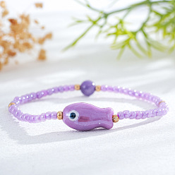 Лиловый Эластичные браслеты из смолы и фарфоровых бусин для женщин, рыба, сирень, 6.89 дюйм (17.5 см)