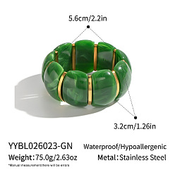 Verde Resina 304 Brazaletes elásticos de acero inoxidable para mujer, real 18 k chapado en oro, verde, diámetro interior: 2.20 pulgada (5.6 cm)