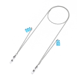 Light Sky Blue 304 Stainless Steel Eyeglasses Chains, Neck Strap for Eyeglasses, with Bear Resin Pendants and Rubber Loop Ends, Stainless Steel Color, Light Sky Blue, 27.95 inch(71cm)