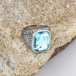 Светло-голубой 304 мужские перстни из нержавеющей стали с кубическим цирконием, античное серебро, прямоугольные, светло-голубой, размер США 7 (17.3 мм)