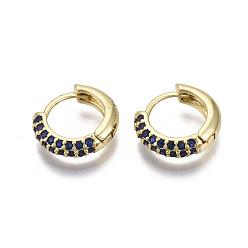 Blue Brass Micro Pave Cubic Zirconia Huggie Hoop Earrings, Real 18K Gold Plated, Nickel Free, Ring, Blue, 13x15.5x4mm, Pin: 0.8mm