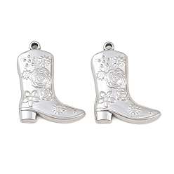 Stainless Steel Color 304 Stainless Steel Pendants, Western Style Cowboy Boot with Flower Pattern Charms, Stainless Steel Color, 27.5x21.5x3mm, Hole: 1.6mm