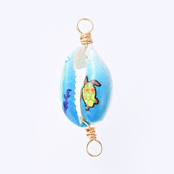 Dodger Blue Printed Cowrie Shell Links connectors, with Eco-Friendly Copper Wire Findings, Shell Shape, Dodger Blue, 31~32x12.5~13.5x6.5~7mm, Hole: 3mm, 3pcs/set