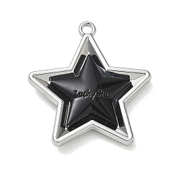 Black Spray Painted Alloy Pendants, Star with Word Lucky Star Charms, Platinum, Black, 26x24x5mm, Hole: 1.6mm