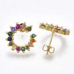 Echt 18 k vergoldet Messing-Mikro pflastern Zirkonia Bolzenohrringe, halbe Creolen, echt 18 k vergoldet, 15x14.5x2.5 mm, Stift: 0.7 mm