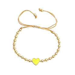 Желтый Браслеты из плетеных бусин из латунных смоляных бусин, регулируемые плетеные браслеты из нейлонового шнура для женщин, сердце и круглый, желтые, 11.02 дюйм (28 см)