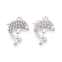 Платина Подвески из сплава и хрустальных страз, прелести дельфинов, платина, 25x18x2.5~3 мм, отверстие : 1.8 мм