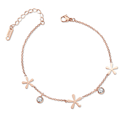 Rose Gold Stainless Steel Charm Anklets, with Cubic Zirconia and Cable Chains, Flower, Rose Gold, 7-5/8 inch(19.5cm)