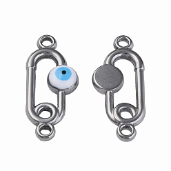 White 304 Stainless Steel Enamel Connector Charms, Stainless Steel Color, Oval with Evil Eye, White, 23x10x3mm, Hole: 1.6mm