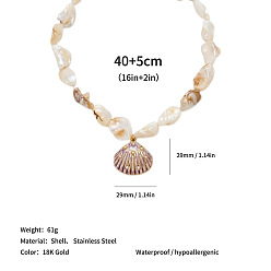 Shell Shape Ocean 304 Stainless Steel Pendant Natural Shell Nuggets Beaded Necklaces for Women, Real 18K Gold Plated, Seashell Color, Shell Shape, 16.54 inch(42cm), pendant: 29x29mm