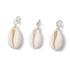 Белый Подвески из натуральной каури, с круглыми петлями из медной ювелирной проволоки, серебряный цвет гальваническим, белые, 20~21.5x9.5~10x4.5~5.5 мм, отверстие : 3.5 мм