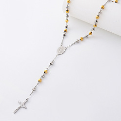 Doré & D'argent Colliers chapelet vintage en acier inoxydable à perles rondes, Colliers pendentifs croix vierge pour femmes, or et argent, 304 pouce (18.90 cm)