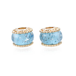 Светло-Голубой Стойки покрытие сплава европейские шарики, со смолой и пайетками, бусины с большим отверстием, без кадмия и без свинца, рондель, золотые, Небесно-голубой, 13.5x11 мм, отверстие : 4.5 мм