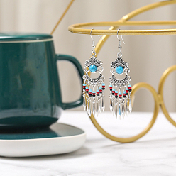 Голубой Плоские круглые серьги-люстры в стиле бохо из сплава, стразов и стеклянных бусин, античное серебро, голубой, 90 мм