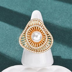 Настоящее золото 18K Регулируемые латунные кольца-манжеты с микропаве из прозрачных кубических цирконий и жемчугом из АБС-пластика., самородки, белые, реальный 18 k позолоченный, 29x30 мм, внутренний диаметр: 19 мм