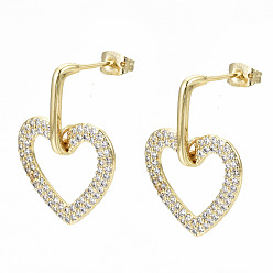 Clear Brass Micro Pave Cubic Zirconia Dangle Stud Earrings, with Earring Backs, Nickel Free, Heart, Real 16K Gold Plated, Clear, 27.5mm, Pin: 0.8mm