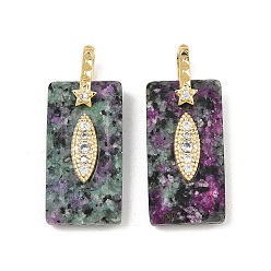 Jaspe Sésame Pendentifs à facettes en jaspe sésame naturel teint, Breloques rectangulaires serties de micro-pavés en laiton et de zircones cubiques transparentes, réel 18 k plaqué or, sans cadmium et sans plomb, crémaillère plaquage, plaqué longue durée, vert et rouge, 25x13x7mm, Trou: 5x6mm