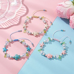Mixed Color 3Pcs Synthetic Turquoise & Natural Howlite & Imitated Pearl Acrylic Beads Beaided Bead Bracelets, Adjustable Nylon Thread Bracelets for Women, Turtle & Starfish, Mixed Color, Inner Diameter: 1.81~3.07 inch(4.6~7.8cm)