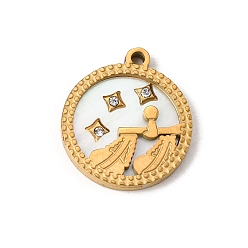 Libra 12 Constellations 304 Stainless Steel & Natural Shell & Rhinestone Pendants, Ion Plating(IP), Long-Lasting Plated, Libra Charm, 17x15x2mm, Hole: 1.5mm