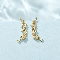Clear Brass Pave Cubic Zirconia Stud Crawler Earrings, Dolphin, Real 18K Gold Plated, Cadmium Free & Lead Free, Long-Lasting Plated, Rack Plating, Clear, 17.5x6x5.5~6mm
