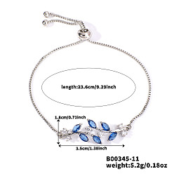 Синий Браслеты-слайдеры из латуни с микропаве и кубическим цирконием, браслеты с подвесками в виде листьев для женщин, платина, синие, 9-1/4 дюйм (23.6 см)