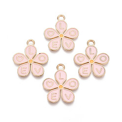 Розовый Подвески из сплава и эмали, подвески-цветы и буквы, золотые, туманная роза, 25x22x1.5 мм, отверстие : 2~2.5 мм