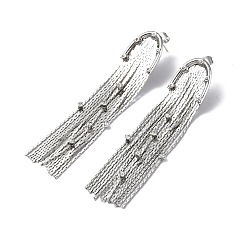 Platinum Clear Cubic Zirconia Dangle Stued Earrings, Brass Chain Tassel Long Drop Earrings for Women, Platinum, 70~72x15mm, Pin: 0.8mm