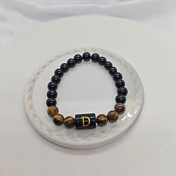 Letter D Браслеты из натурального тигрового глаза и черного обсидиана с круглыми бусинами, колонка с буквой украшения для женщин мужчин, Буква D, 7-1/8 дюйм (18 см)