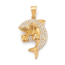 Golden 304 Stainless Steel Pendants, with Crystal Rhinestone, Shark, Golden, 48x33.5x10.5mm, Hole: 6x12.5mm