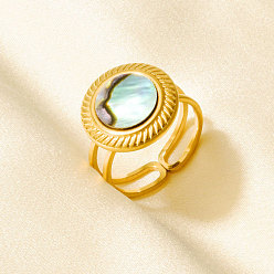 Настоящее золото 18K 304 Открытые кольца-манжеты из нержавеющей стали с натуральными ракушками для женщин, круглые, реальный 18 k позолоченный, 15 мм, внутренний диаметр: 17 мм