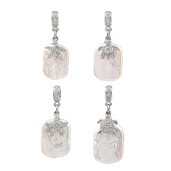 White 4Pcs 4 Styles Ocean Natural Nucleated Baroque Keshi Pearl Rectangle European Dangle Charms, Brass Micro Pave Cubic Zirconia Sea Animals Large Hole Pendants, Platinum, White, 33mm, Hole: 4.5mm, about 1pc/style
