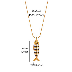 Black Ocean 304 Stainless Steel Enamel Pendant Necklaces, Fish, Golden, Black, 15.75 inch(40cm), pendant: 49x12mm