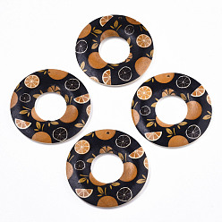 Black Fruit Seris Printed Wood Pendants, Donut with Orange Pattern, Black, 45x5mm, Hole: 1.6mm