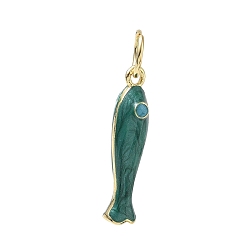 Cyan Oscuro Colgantes de esmalte de bronce, encantos de pescado, con anillo de salto, larga duración plateado, chapado en rack, sin plomo y el cadmio, real 18 k chapado en oro, cian oscuro, 27x6x7 mm, agujero: 6 mm