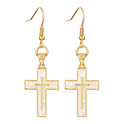 Golden Natural Shell Cross Dangle Earrings, Ion Plating(IP) 304 Stainless Steel Long Drop Earrings, Golden, 52x17mm
