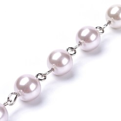 Thistle Handmade Dyed Glass Pearl Beaded Chains, Unwelded, with Iron Eye Pin, Platinum, Thistle, 39.37 inch, 1m/strand