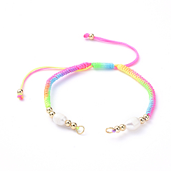 Разноцветный Плетеные шнур нейлона для поделок браслет решений, с натуральным пресноводным жемчугом и фурнитурой из латуни, золотые, красочный, 6-7/8 дюйм (17.5 см), 4 мм