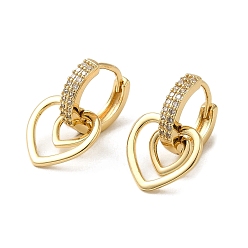 Light Gold Brass Micro Pave Cubic Zirconia Dangle Hoop Earrings, Heart, Light Gold, 22x13.5mm