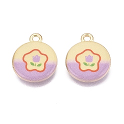 Orchid Printed Alloy Pendants, Rack Plating, Flat Round & Flower Charms, Cadmium Free & Nickel Free & Lead Free, Golden, Orchid, 18x15x3.5mm, Hole: 1.8mm