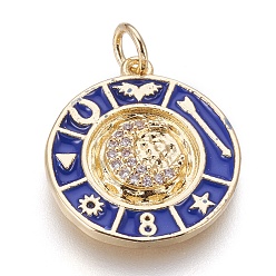 Золотой Латунь эмаль подвески, с микро проложить кубического циркония, плоские круглые с луной, синие, золотые, 20x18x2.5 мм, отверстие : 3.5 мм