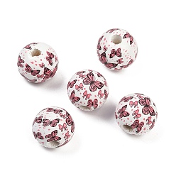 Бабочка Окрашенные деревянные европейские бусы, бусины с большим отверстием, круглые, розовые, бабочка, 15.5 мм, отверстие : 4~4.5 мм