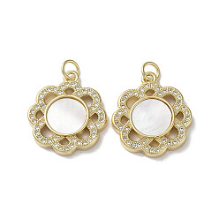 Real 18K Gold Plated Brass Micro Pave Cubic Zirconia Pendants, Cadmium Free & Lead Free, with Shell, Flower, Real 18K Gold Plated, 21x18.5x3mm, Hole: 3mm
