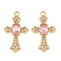 Rose Clair Pendentifs en acier inoxydable, avec strass, charmes croisées, placage ionique (ip), réel 304 k plaqué or, rose clair, 18mm, Trou: 31x18x4mm