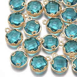 Dark Turquoise Glass Charms, with Brass Findings, Faceted, Flat Round with Heart, Golden, Dark Turquoise, 14x11.5x4.5mm, Hole: 1.5mm
