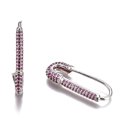 Красный Латунные серьги обруча, со стразами, Форма предохранительного штифта, платина, красные, 26~26.5x10~11x3 мм, штифты : 0.8 мм