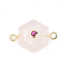 Розовый Кварц Ограненные натуральные звенья розового кварца, шестиугольник с латунной микропаве, прозрачными кубическими циркониями и латунной фурнитурой., золотые, стойки покрытие, 17x27x8 мм, отверстие : 2 мм