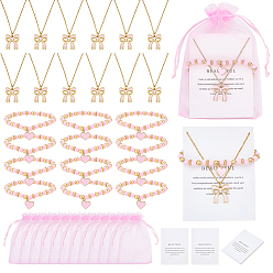 Doré  12 Colliers avec pendentif nœud papillon en alliage émaillé et perles en plastique CCB avec bracelets à breloques en forme de cœur, y compris les sacs en organza, cartes en papier, or, 445mm
