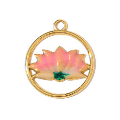 Настоящее золото 18K 304 нержавеющей стальной эмали подвески, круглый с цветочными подвесками, ионное покрытие (ip), реальный 18 k позолоченный, 25x22 мм