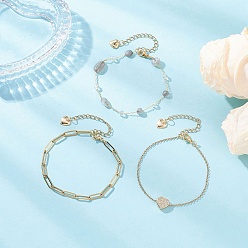 Лабрадорита 304 Цепочка из звеньев с сердцем из нержавеющей стали и натуральными самородками лабрадорита 3 Многослойные ожерелья, золотые, 7 дюйм (17.7 см) ~ 7-1/8 дюйм (18 см), 3 шт / комплект